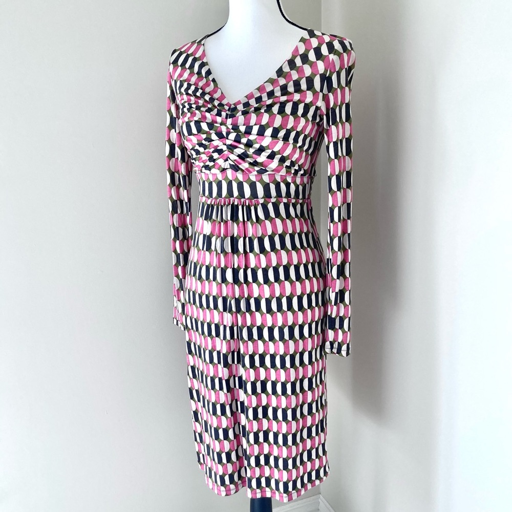 Boden Geometric Print Long Sleeve Pink and Black Dress